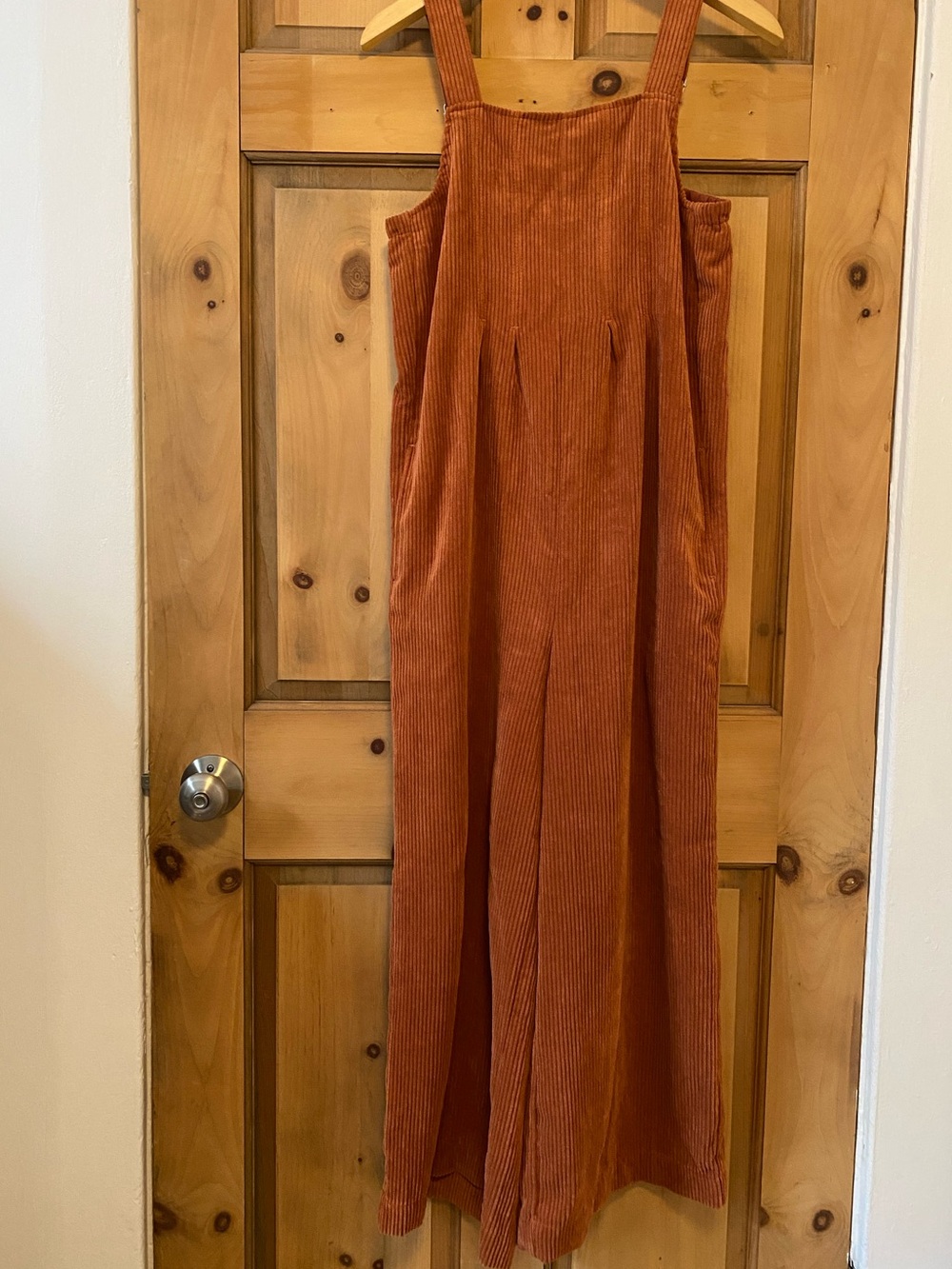 Wide-Leg Ribbed Corduroy Jumpsuit in Burnt Orange